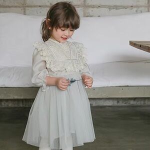 Korean Spring Girl Dress Long Puff Sleeves Lace Ruffles kids Princess Dresses